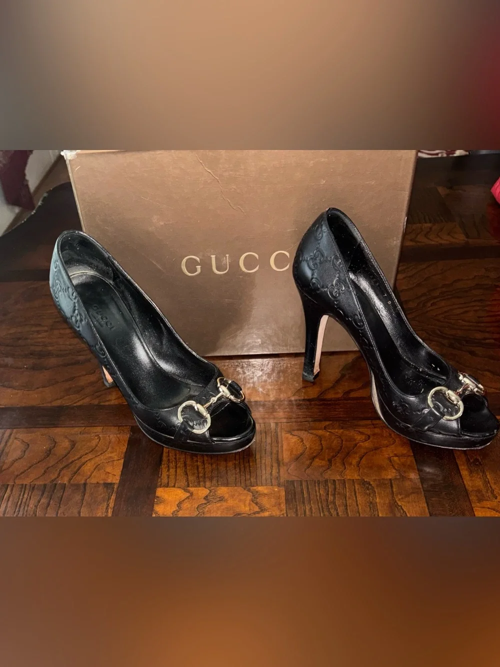 Gucci Black Leather Peep-Toe Heels with Gold Horsebit Accent